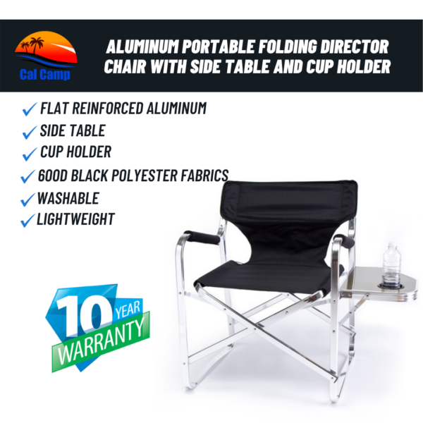 Model # 65T – Aluminum Portable Folding Director Chair with Side Table and Cup Holder