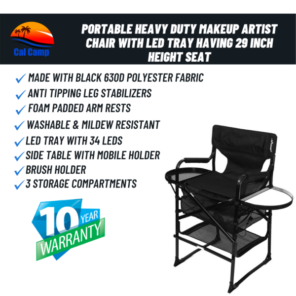 Portable Heavy Duty Makeup Artist Chair with LED Tray Having 29 Inch Height Seat.